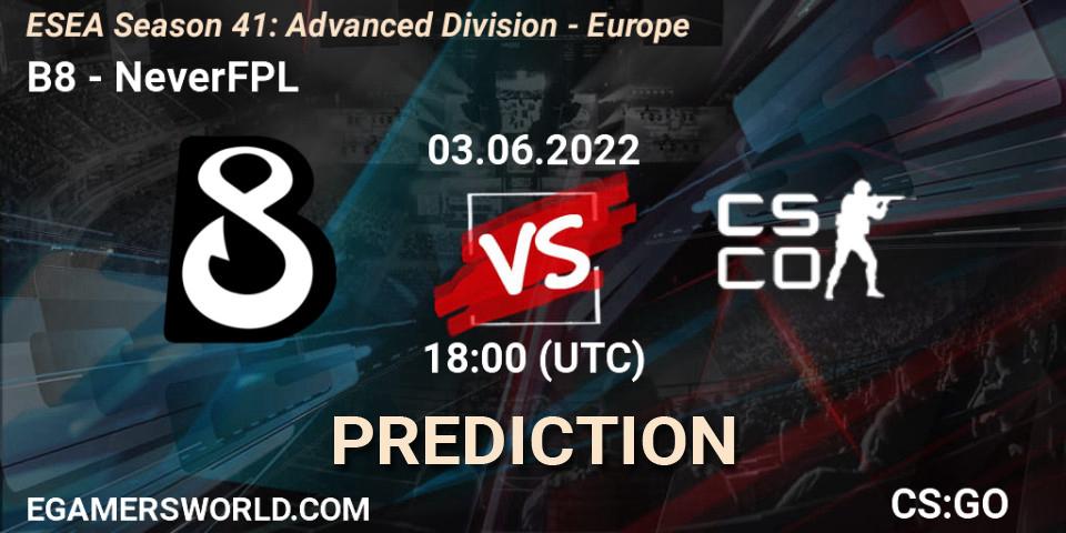 B8 - NeverFPL: ennuste. 03.06.2022 at 18:00, Counter-Strike (CS2), ESEA Season 41: Advanced Division - Europe