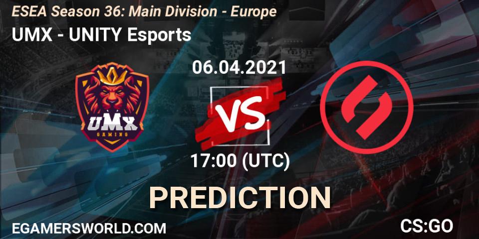 UMX - UNITY Esports: ennuste. 06.04.2021 at 17:00, Counter-Strike (CS2), ESEA Season 36: Main Division - Europe