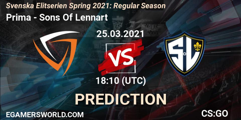Prima - Sons Of Lennart: ennuste. 25.03.2021 at 18:10, Counter-Strike (CS2), Svenska Elitserien Spring 2021: Regular Season