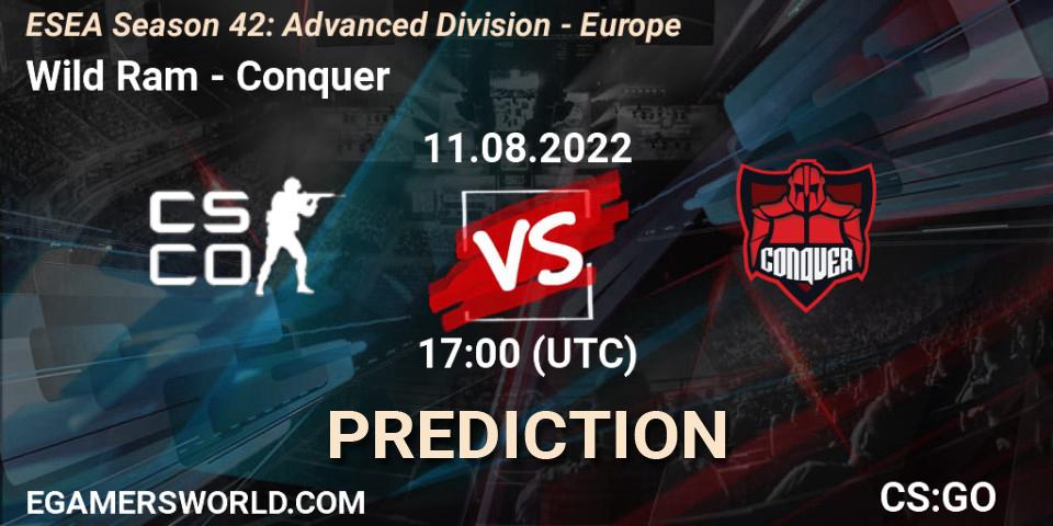 Wild Ram - Conquer: ennuste. 11.08.2022 at 17:00, Counter-Strike (CS2), ESEA Season 42: Advanced Division - Europe