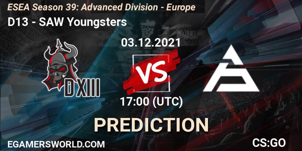 D13 - SAW Youngsters: ennuste. 03.12.2021 at 17:00, Counter-Strike (CS2), ESEA Season 39: Advanced Division - Europe
