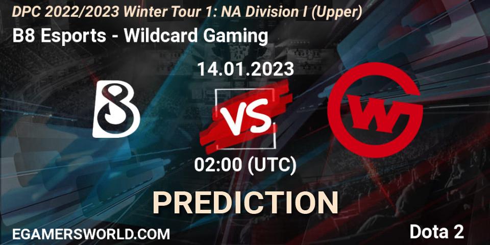 B8 Esports - Wildcard Gaming: ennuste. 14.01.2023 at 01:52, Dota 2, DPC 2022/2023 Winter Tour 1: NA Division I (Upper)