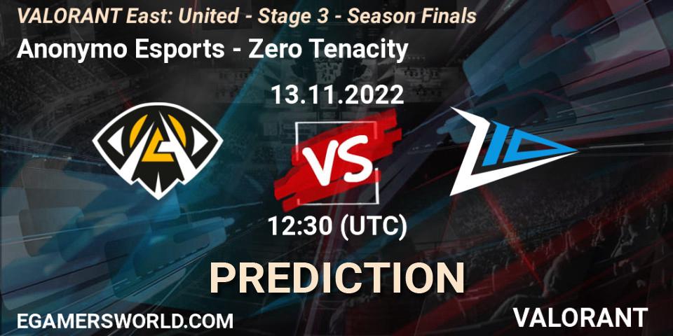 Anonymo Esports - Zero Tenacity: ennuste. 13.11.2022 at 12:30, VALORANT, VALORANT East: United - Stage 3 - Season Finals