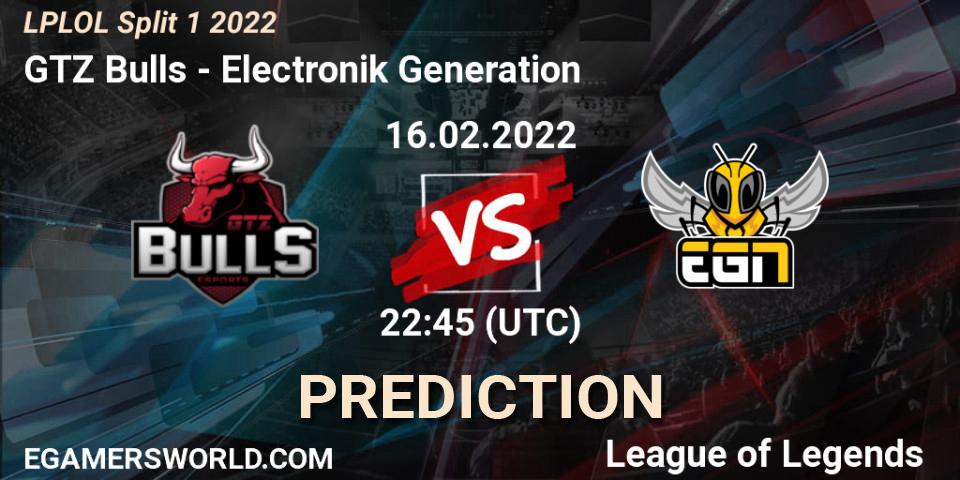 GTZ Bulls - Electronik Generation: ennuste. 16.02.2022 at 22:45, LoL, LPLOL Split 1 2022