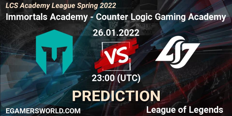 Immortals Academy - Counter Logic Gaming Academy: ennuste. 26.01.2022 at 23:00, LoL, LCS Academy League Spring 2022