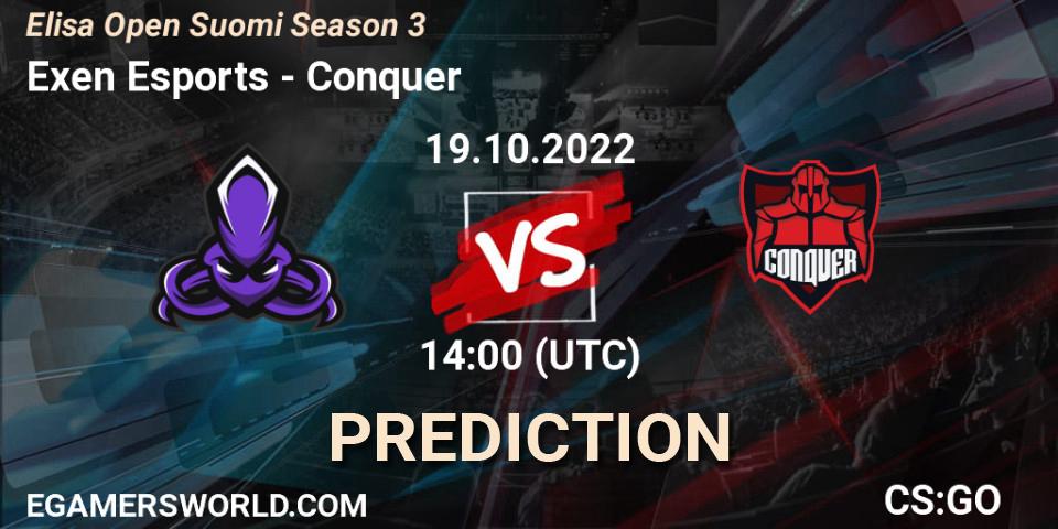 Exen Esports - Conquer: ennuste. 19.10.2022 at 14:00, Counter-Strike (CS2), Elisa Open Suomi Season 3