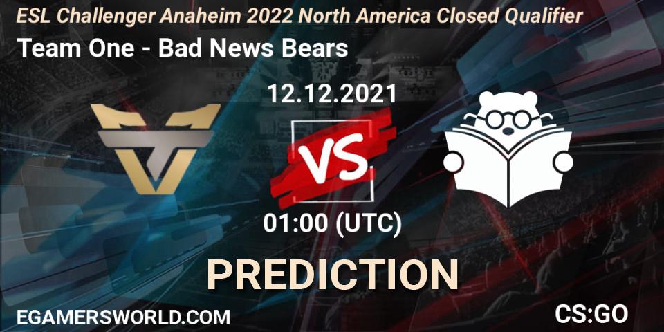 Team One - Bad News Bears: ennuste. 12.12.2021 at 01:00, Counter-Strike (CS2), ESL Challenger Anaheim 2022 North America Closed Qualifier