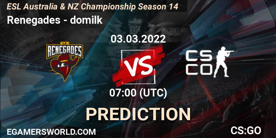 Renegades - DoMilk: ennuste. 03.03.2022 at 07:00, Counter-Strike (CS2), ESL ANZ Champs Season 14