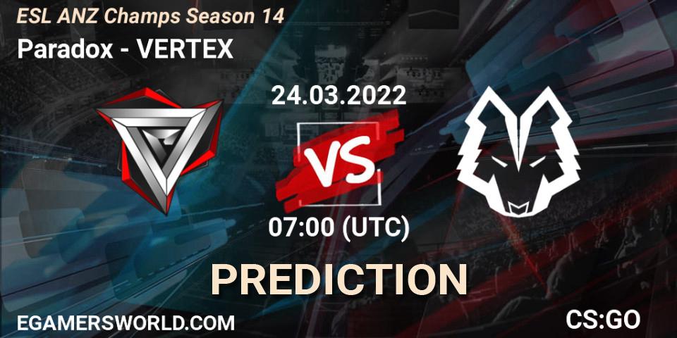 Paradox - VERTEX: ennuste. 24.03.2022 at 07:00, Counter-Strike (CS2), ESL ANZ Champs Season 14