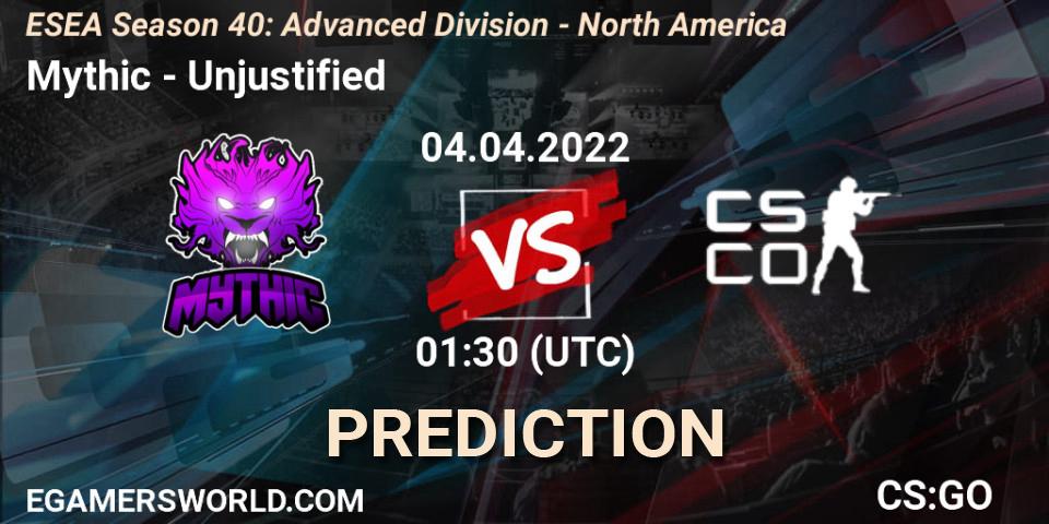 Mythic - Unjustified: ennuste. 04.04.2022 at 00:00, Counter-Strike (CS2), ESEA Season 40: Advanced Division - North America