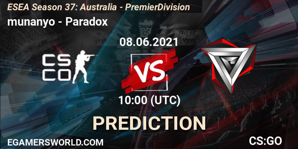 munanyo - Paradox: ennuste. 08.06.2021 at 10:00, Counter-Strike (CS2), ESEA Season 37: Australia - Premier Division