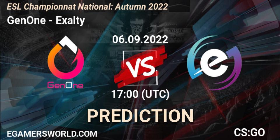 GenOne - Exalty: ennuste. 06.09.2022 at 17:00, Counter-Strike (CS2), ESL Championnat National: Autumn 2022