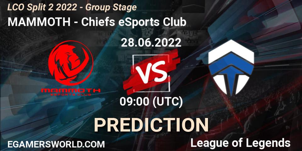 MAMMOTH - Chiefs eSports Club: ennuste. 28.06.2022 at 09:00, LoL, LCO Split 2 2022 - Group Stage