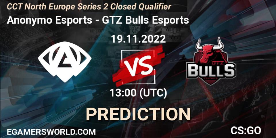 Anonymo Esports - GTZ Bulls Esports: ennuste. 19.11.2022 at 13:00, Counter-Strike (CS2), CCT North Europe Series 2 Closed Qualifier