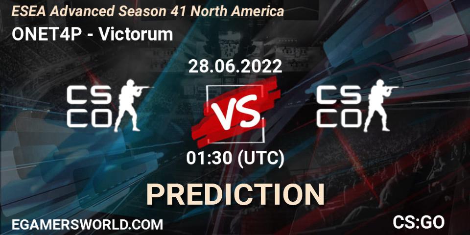 ONET4P - Victorum: ennuste. 28.06.2022 at 00:00, Counter-Strike (CS2), ESEA Advanced Season 41 North America