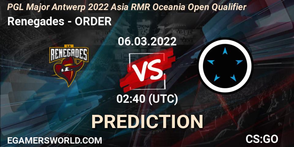 Renegades - ORDER: ennuste. 06.03.2022 at 02:40, Counter-Strike (CS2), PGL Major Antwerp 2022 Asia RMR Oceania Open Qualifier