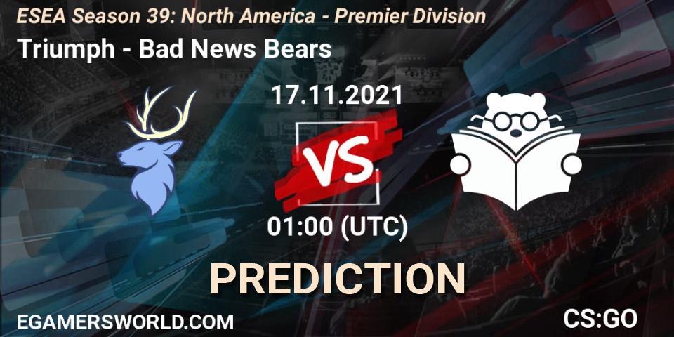 Triumph - Bad News Bears: ennuste. 17.11.2021 at 01:00, Counter-Strike (CS2), ESEA Season 39: North America - Premier Division