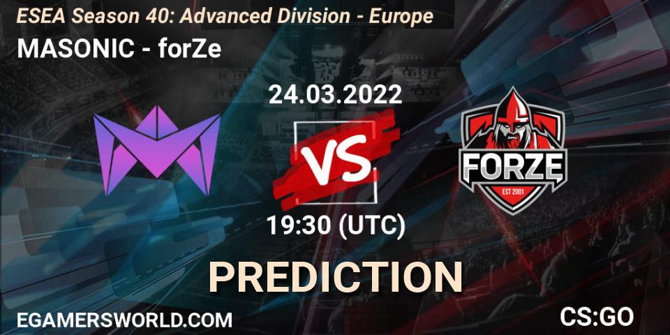 MASONIC - forZe: ennuste. 25.03.2022 at 18:00, Counter-Strike (CS2), ESEA Season 40: Advanced Division - Europe