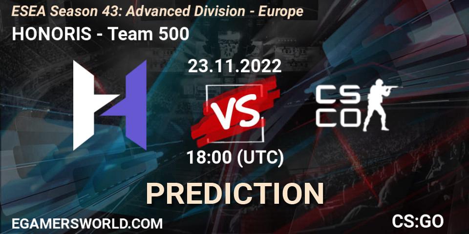HONORIS - Team 500: ennuste. 23.11.2022 at 18:00, Counter-Strike (CS2), ESEA Season 43: Advanced Division - Europe