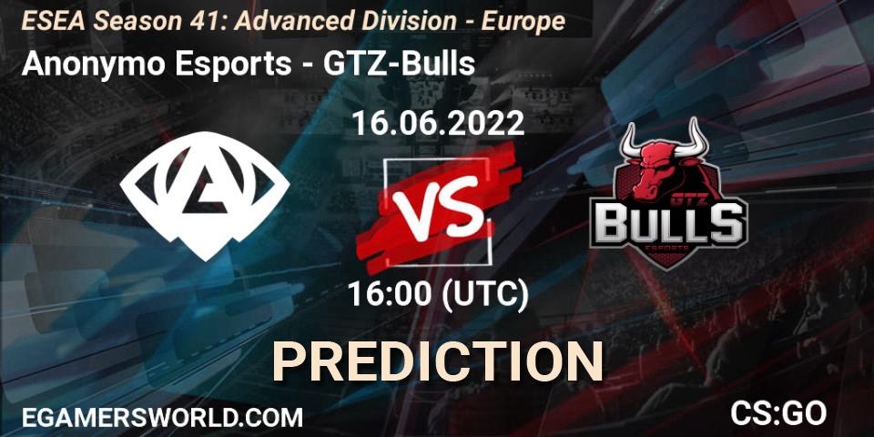 Anonymo Esports - GTZ-Bulls: ennuste. 16.06.2022 at 16:00, Counter-Strike (CS2), ESEA Season 41: Advanced Division - Europe