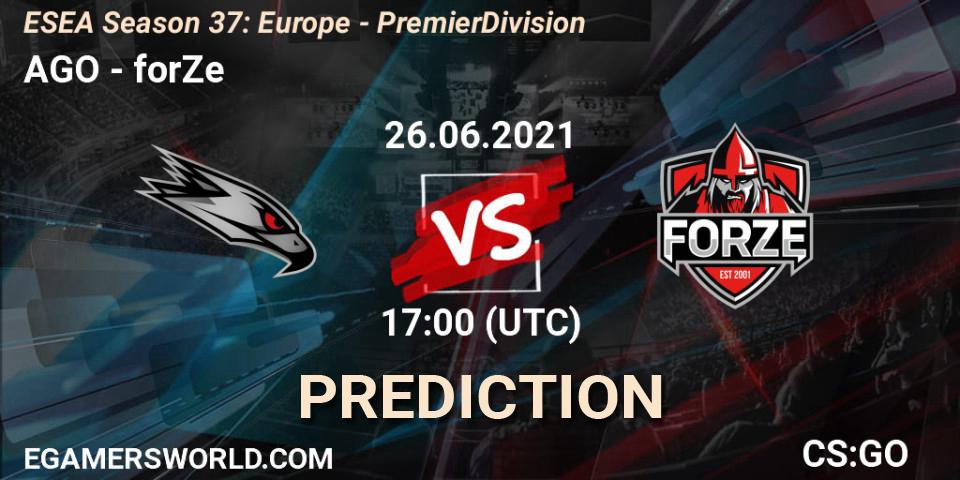 AGO - forZe: ennuste. 26.06.2021 at 17:00, Counter-Strike (CS2), ESEA Season 37: Europe - Premier Division
