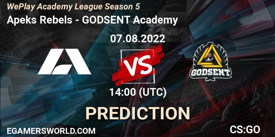 Apeks Rebels - GODSENT Academy: ennuste. 26.07.2022 at 14:00, Counter-Strike (CS2), WePlay Academy League Season 5
