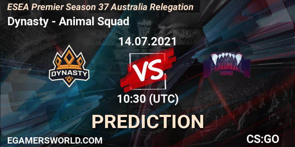 Dynasty - Animal Squad: ennuste. 14.07.2021 at 11:00, Counter-Strike (CS2), ESEA Premier Season 37 Australia Relegation