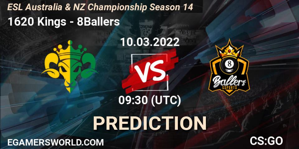 1620 Kings - 8Ballers: ennuste. 10.03.2022 at 09:30, Counter-Strike (CS2), ESL ANZ Champs Season 14