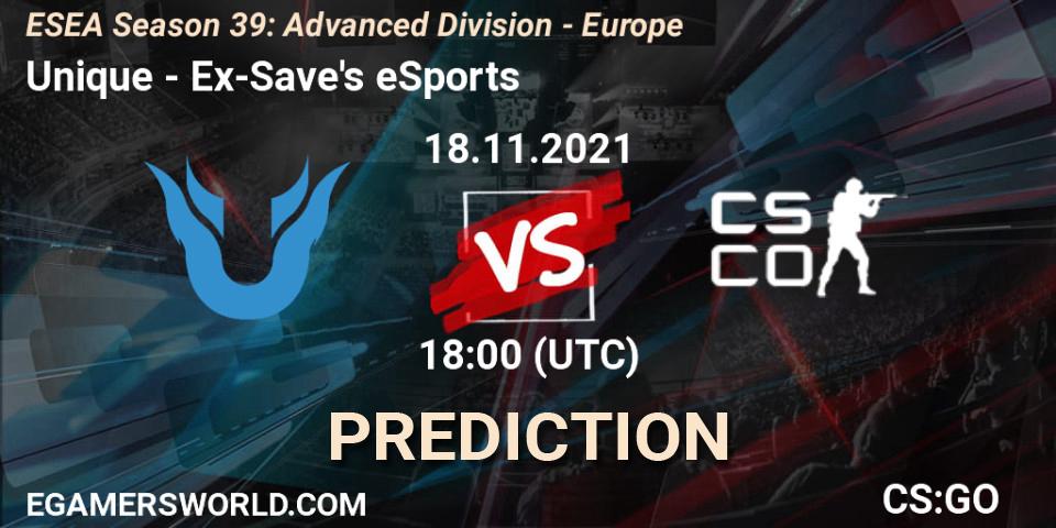Unique - Ex-Save's eSports: ennuste. 18.11.2021 at 18:00, Counter-Strike (CS2), ESEA Season 39: Advanced Division - Europe