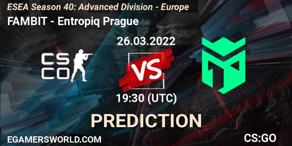 FAMBIT - Entropiq Prague: ennuste. 26.03.2022 at 18:00, Counter-Strike (CS2), ESEA Season 40: Advanced Division - Europe