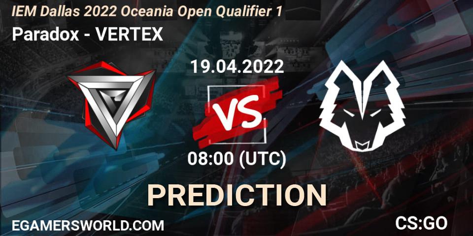 Paradox - VERTEX: ennuste. 19.04.22, CS2 (CS:GO), IEM Dallas 2022 Oceania Open Qualifier 1