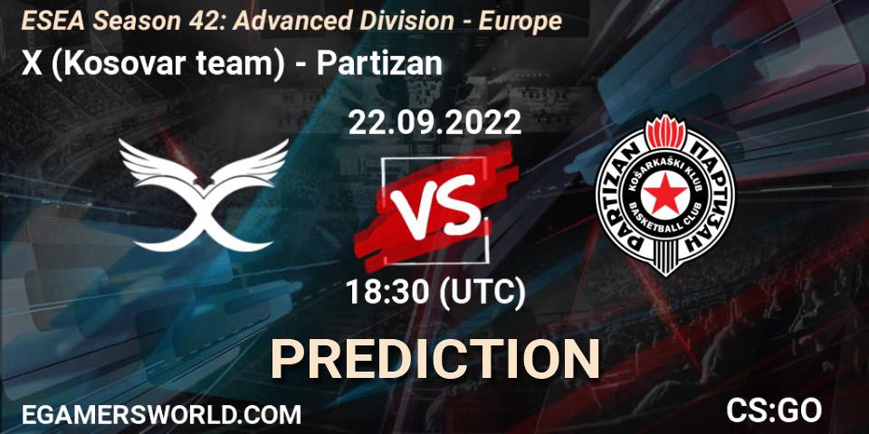 X (Kosovar team) - Partizan: ennuste. 22.09.2022 at 16:00, Counter-Strike (CS2), ESEA Season 42: Advanced Division - Europe