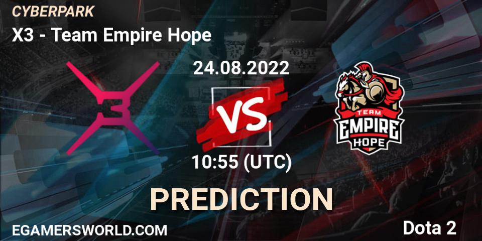 X3 - Team Empire Hope: ennuste. 24.08.2022 at 10:55, Dota 2, CYBERPARK