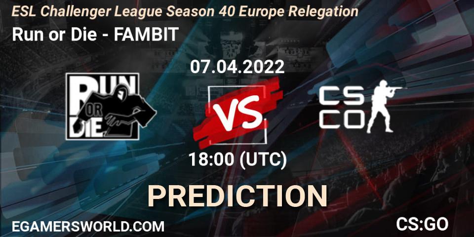 Run or Die - FAMBIT: ennuste. 07.04.2022 at 18:15, Counter-Strike (CS2), ESL Challenger League Season 40 Europe Relegation
