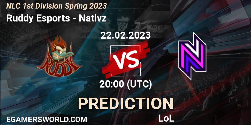 Ruddy Esports - Nativz: ennuste. 22.02.2023 at 20:00, LoL, NLC 1st Division Spring 2023