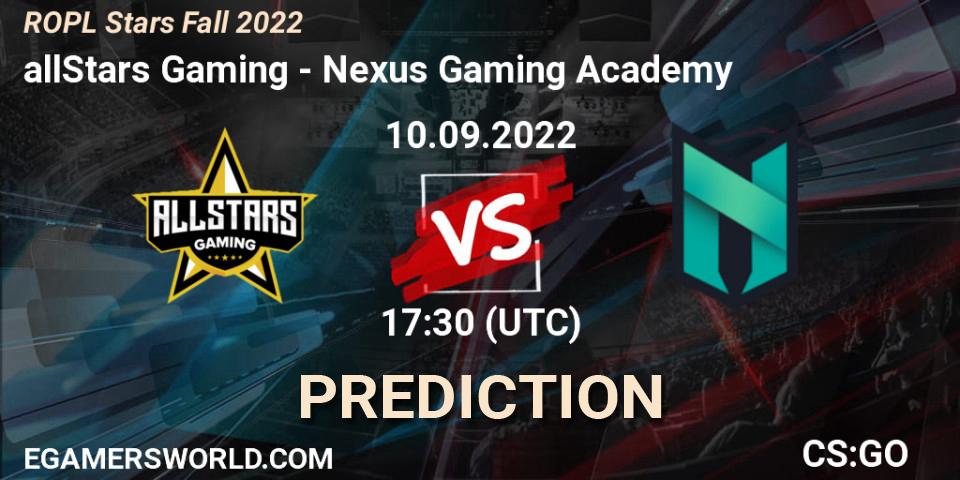 allStars Gaming - Nexus Gaming Academy: ennuste. 10.09.2022 at 17:30, Counter-Strike (CS2), ROPL Stars Fall 2022