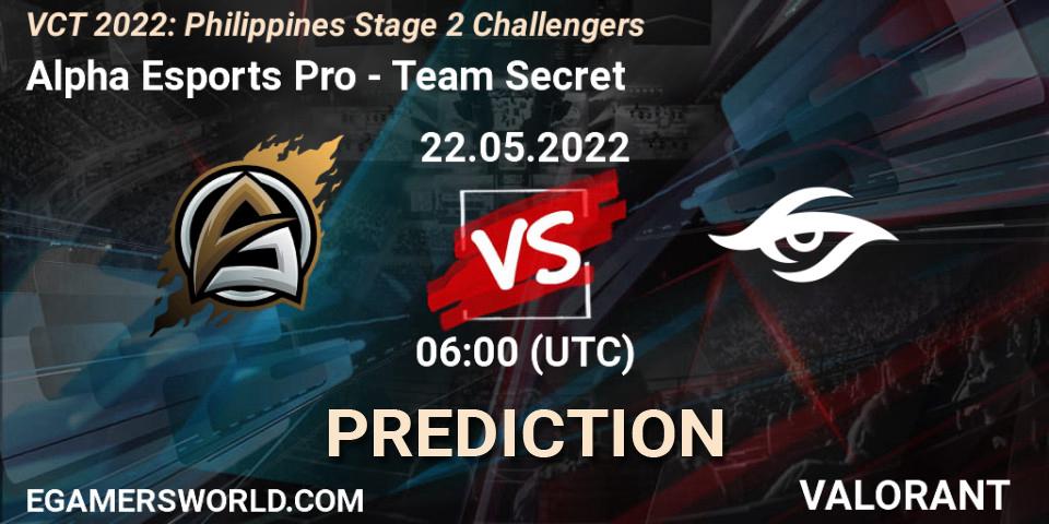 Alpha Esports Pro - Team Secret: ennuste. 22.05.2022 at 07:00, VALORANT, VCT 2022: Philippines Stage 2 Challengers