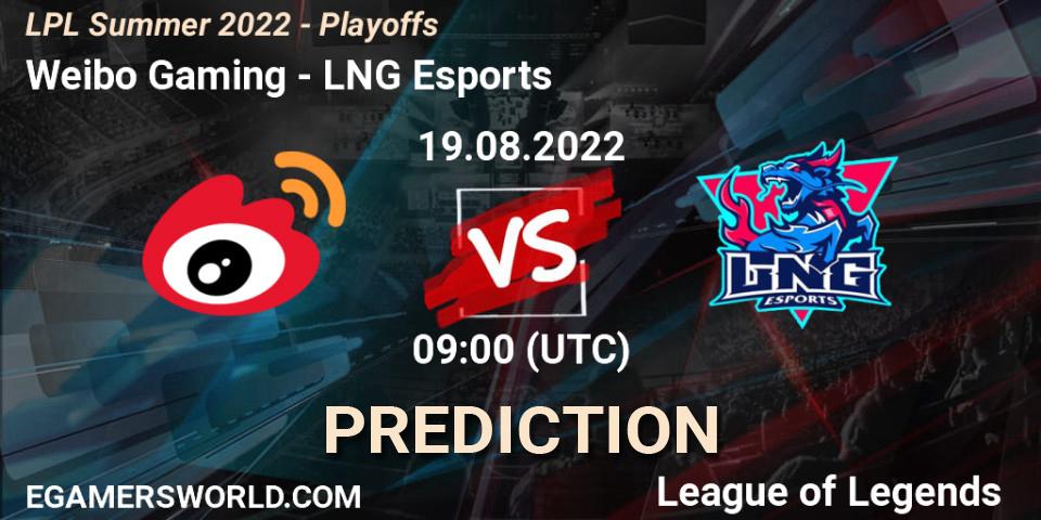 Weibo Gaming - LNG Esports: ennuste. 19.08.2022 at 09:00, LoL, LPL Summer 2022 - Playoffs