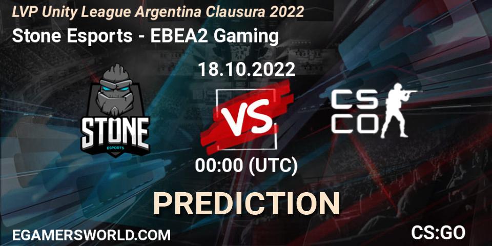 Stone Esports - EBEA2 Gaming: ennuste. 18.10.2022 at 01:00, Counter-Strike (CS2), LVP Unity League Argentina Clausura 2022