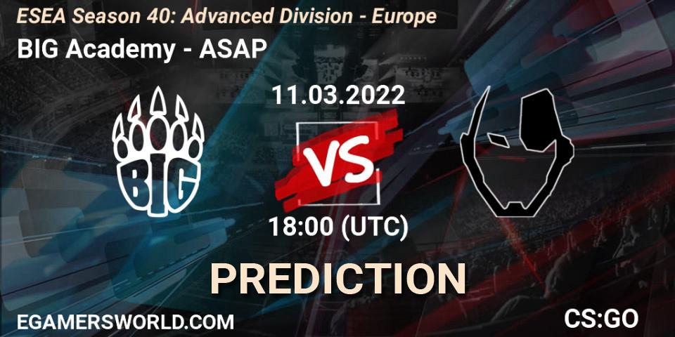 BIG Academy - ASAP: ennuste. 11.03.2022 at 18:00, Counter-Strike (CS2), ESEA Season 40: Advanced Division - Europe