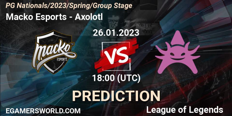Macko Esports - Axolotl: ennuste. 26.01.2023 at 21:15, LoL, PG Nationals Spring 2023 - Group Stage