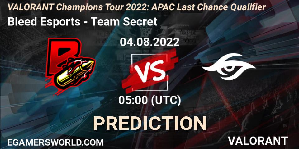 Bleed Esports - Team Secret: ennuste. 04.08.2022 at 05:00, VALORANT, VCT 2022: APAC Last Chance Qualifier
