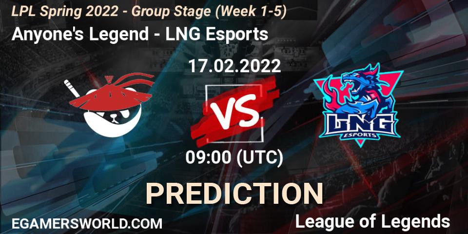Anyone's Legend - LNG Esports: ennuste. 17.02.2022 at 09:00, LoL, LPL Spring 2022 - Group Stage (Week 1-5)
