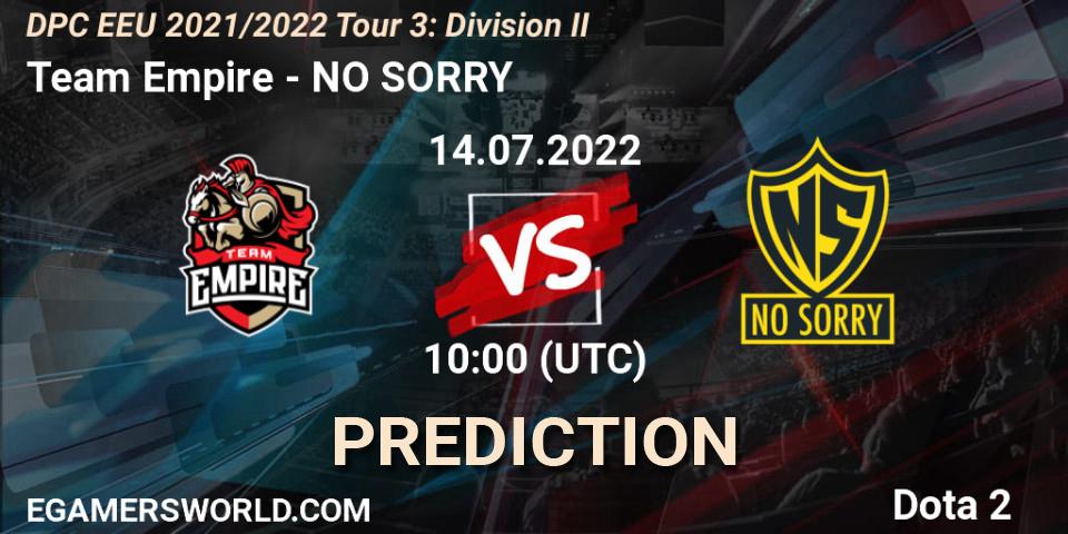 Team Empire - NO SORRY: ennuste. 14.07.2022 at 10:00, Dota 2, DPC EEU 2021/2022 Tour 3: Division II