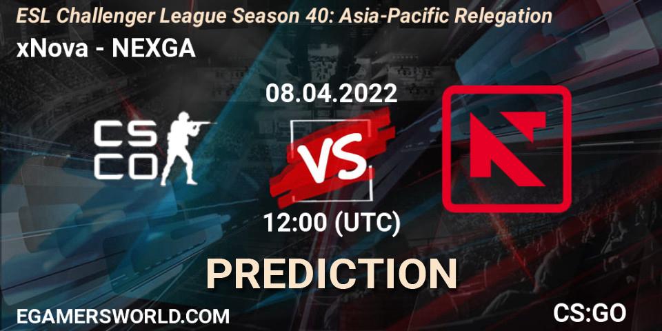 xNova - NEXGA: ennuste. 08.04.2022 at 12:00, Counter-Strike (CS2), ESL Challenger League Season 40: Asia-Pacific Relegation