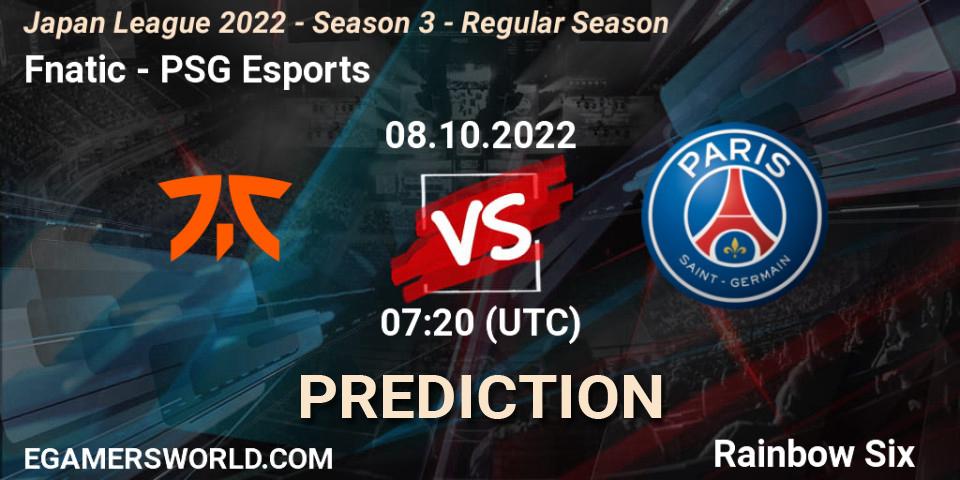 Fnatic - PSG Esports: ennuste. 08.10.2022 at 07:20, Rainbow Six, Japan League 2022 - Season 3 - Regular Season