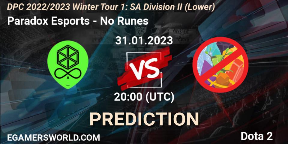 Paradox Esports - No Runes: ennuste. 31.01.23, Dota 2, DPC 2022/2023 Winter Tour 1: SA Division II (Lower)