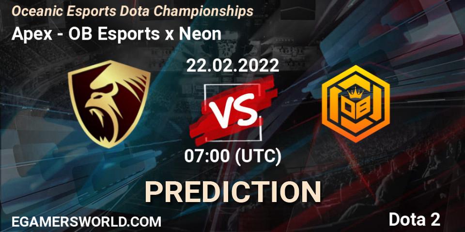Apex - OB Esports x Neon: ennuste. 22.02.2022 at 07:14, Dota 2, Oceanic Esports Dota Championships
