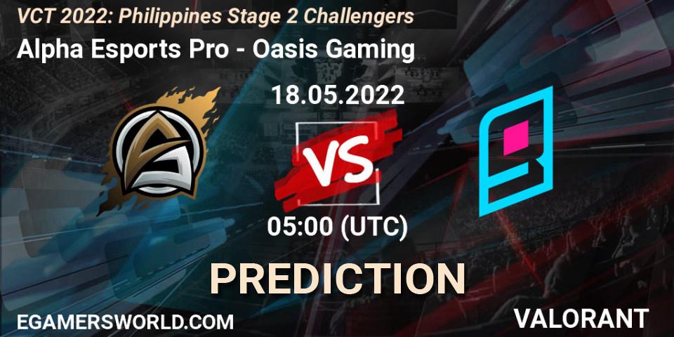 Alpha Esports Pro - Oasis Gaming: ennuste. 18.05.2022 at 05:00, VALORANT, VCT 2022: Philippines Stage 2 Challengers