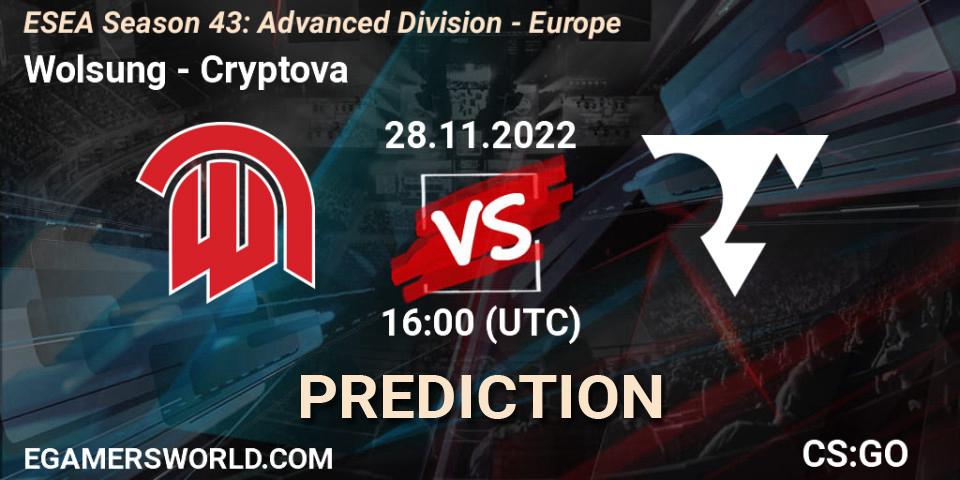 Wolsung - Cryptova: ennuste. 28.11.22, CS2 (CS:GO), ESEA Season 43: Advanced Division - Europe